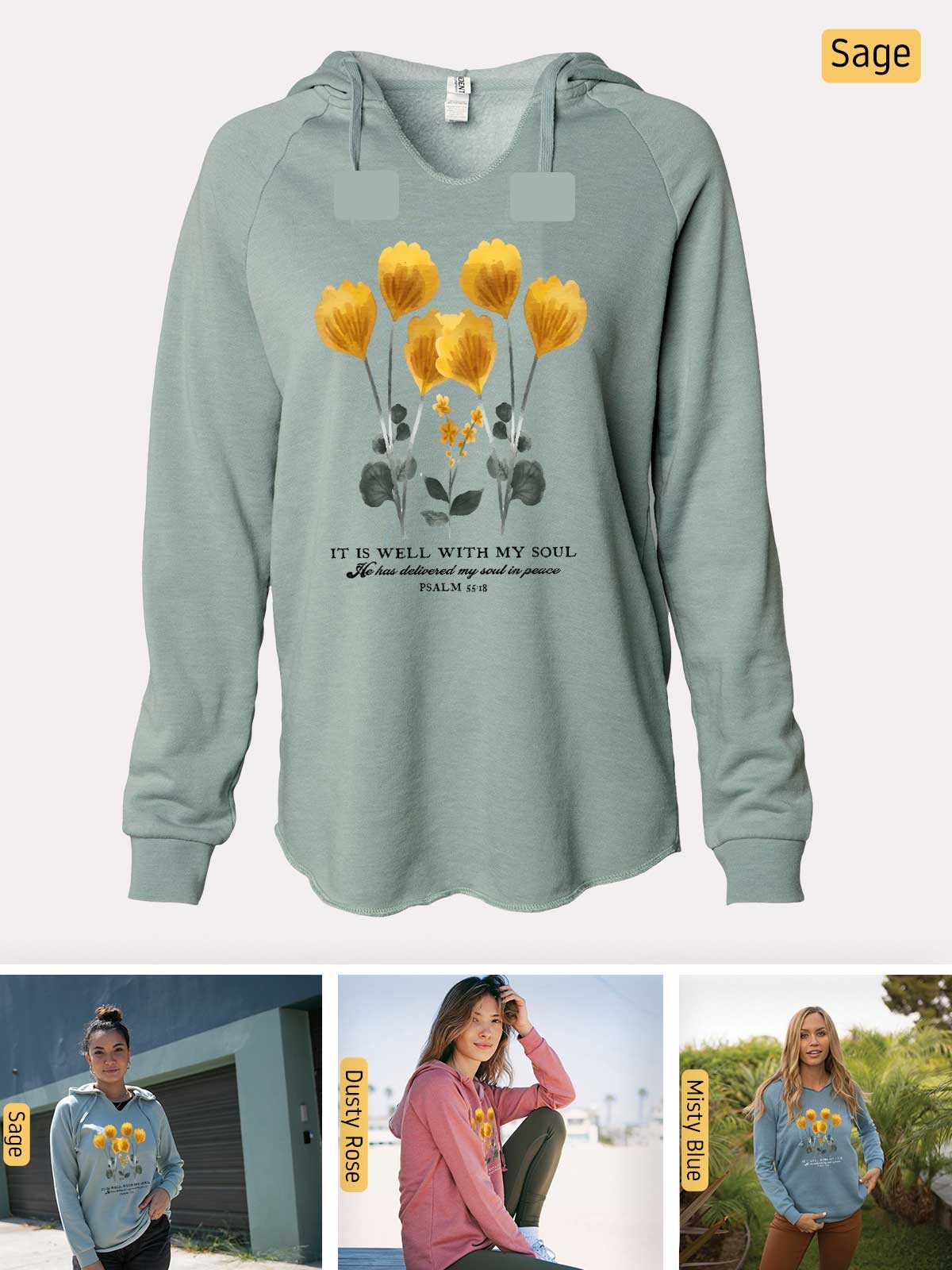 a woman wearing a sweatshirt with a picture of flowers on it