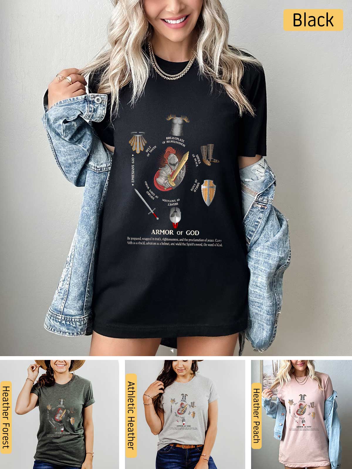 a woman wearing a t - shirt that has a picture of a guitar on it