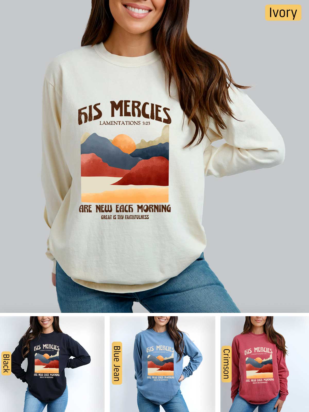 a woman wearing a sweatshirt with a mountain scene on it