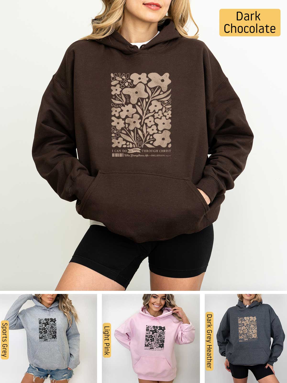 a woman wearing a hoodie with a tree on it