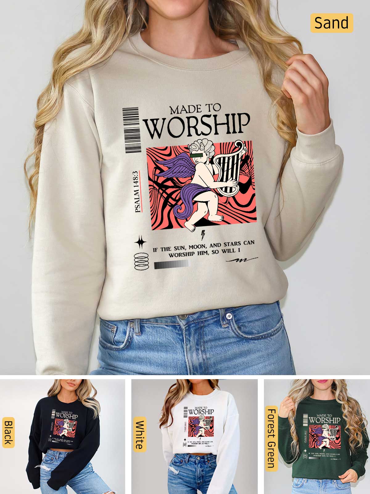 a woman wearing a sweatshirt with the words made to worship printed on it