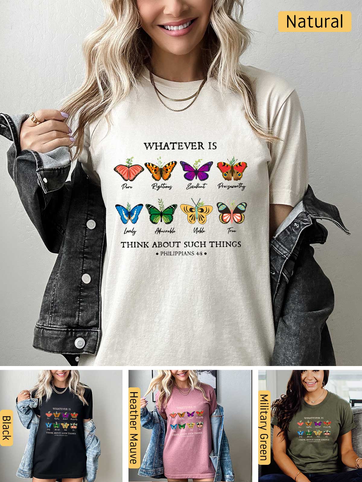 a woman wearing a t - shirt with butterflies on it