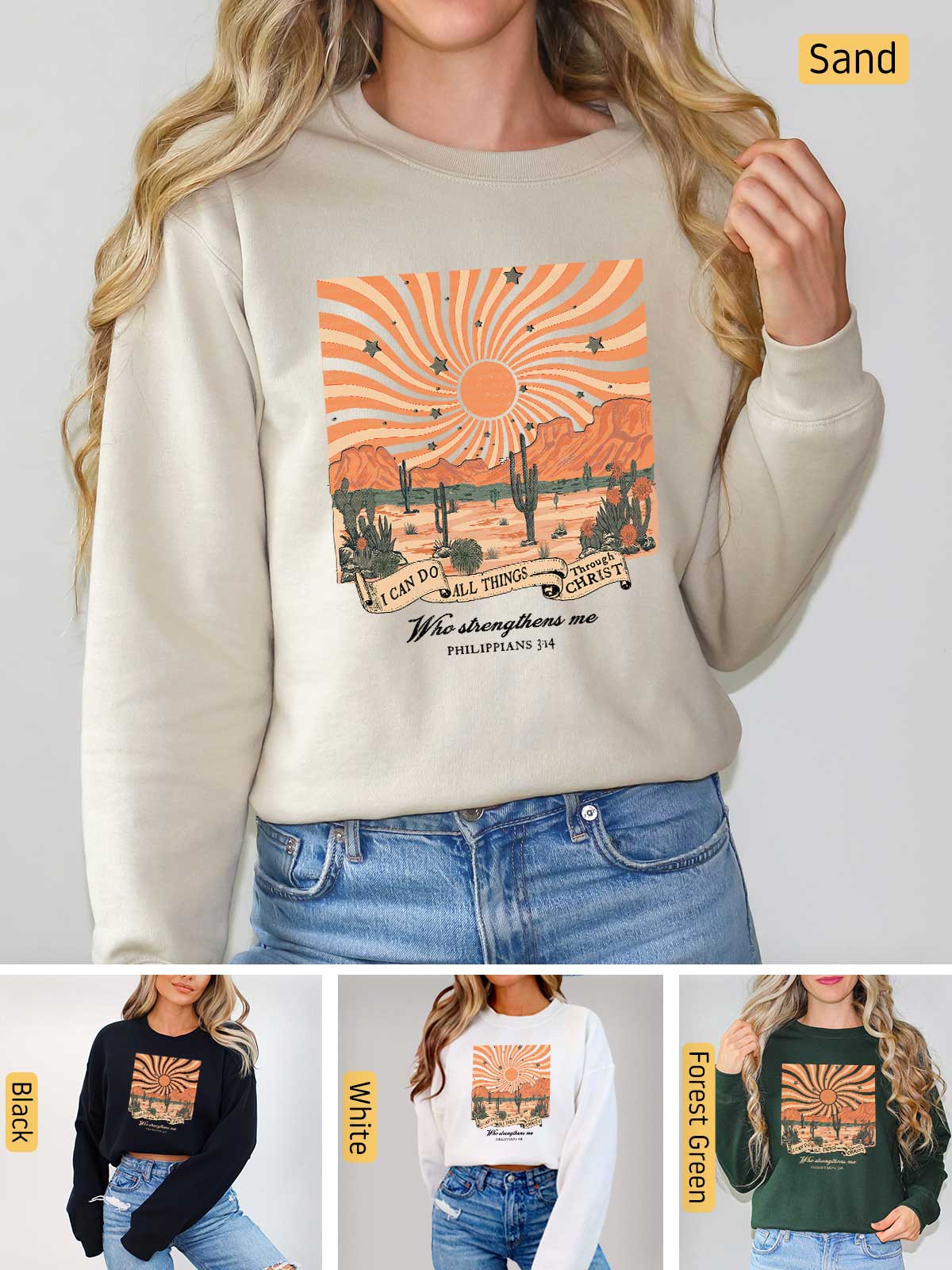 a woman wearing a sweatshirt with a desert scene on it