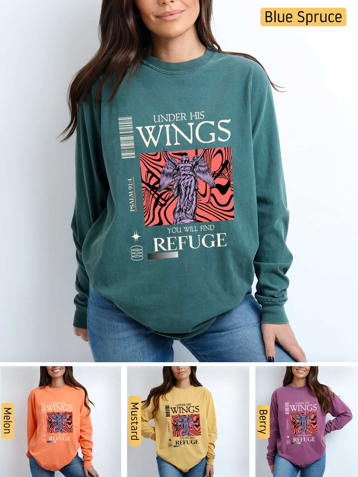 a woman wearing a sweatshirt with wings on it