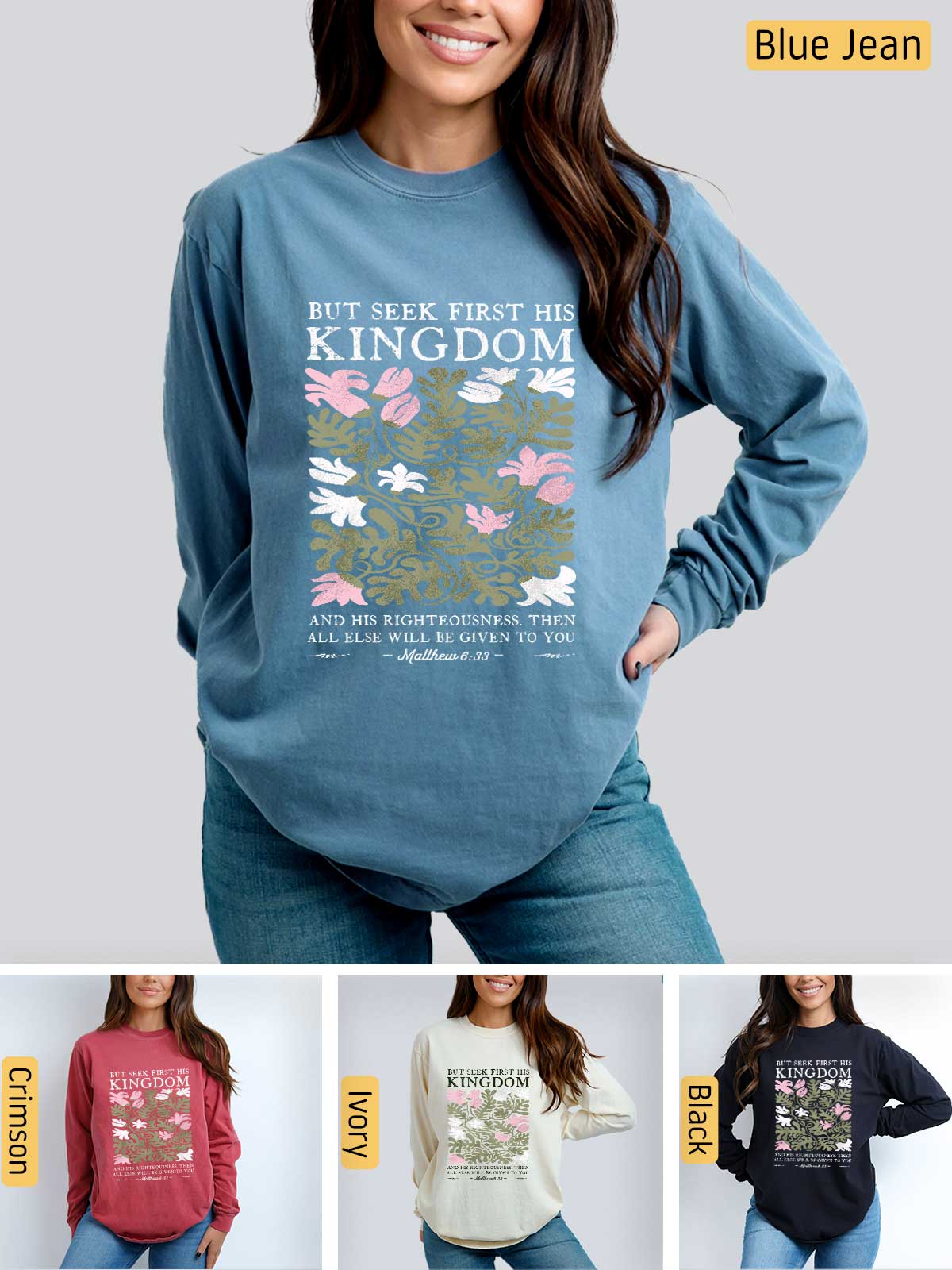 a woman wearing a blue sweatshirt with the words blue jean on it