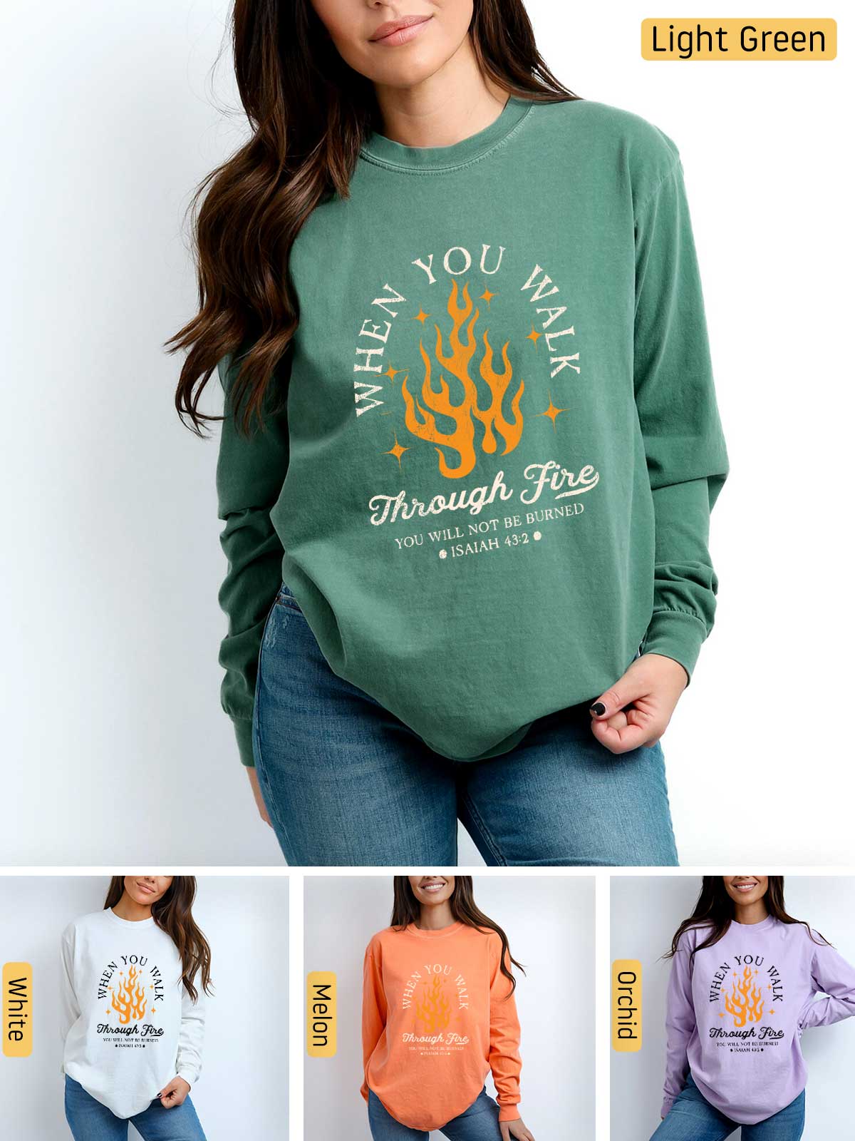 a woman wearing a sweatshirt that says, when you may through fire