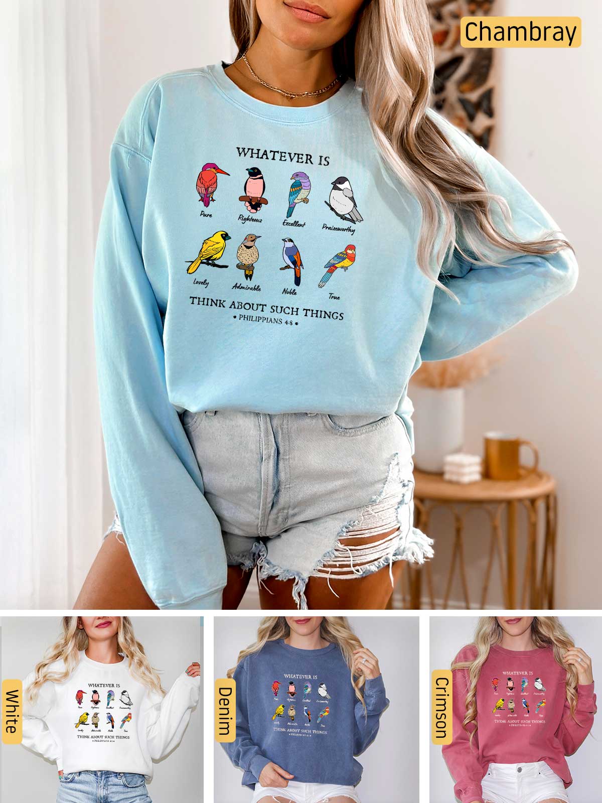 a woman wearing a sweater with birds on it