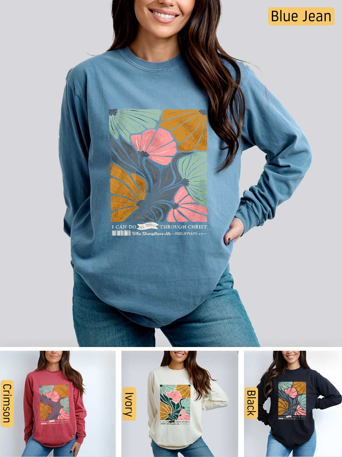a woman wearing a blue jean shirt with a flower on it
