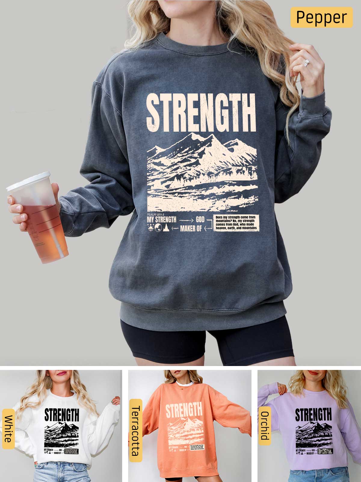 a woman wearing a sweatshirt with the words strength on it