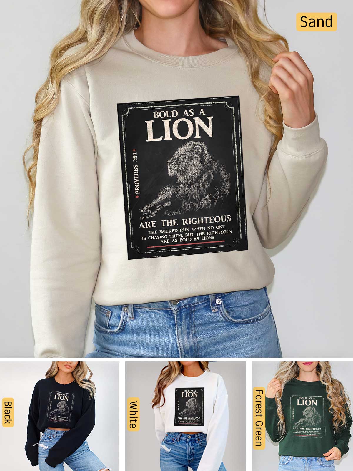 a woman wearing a lion sweatshirt and jeans