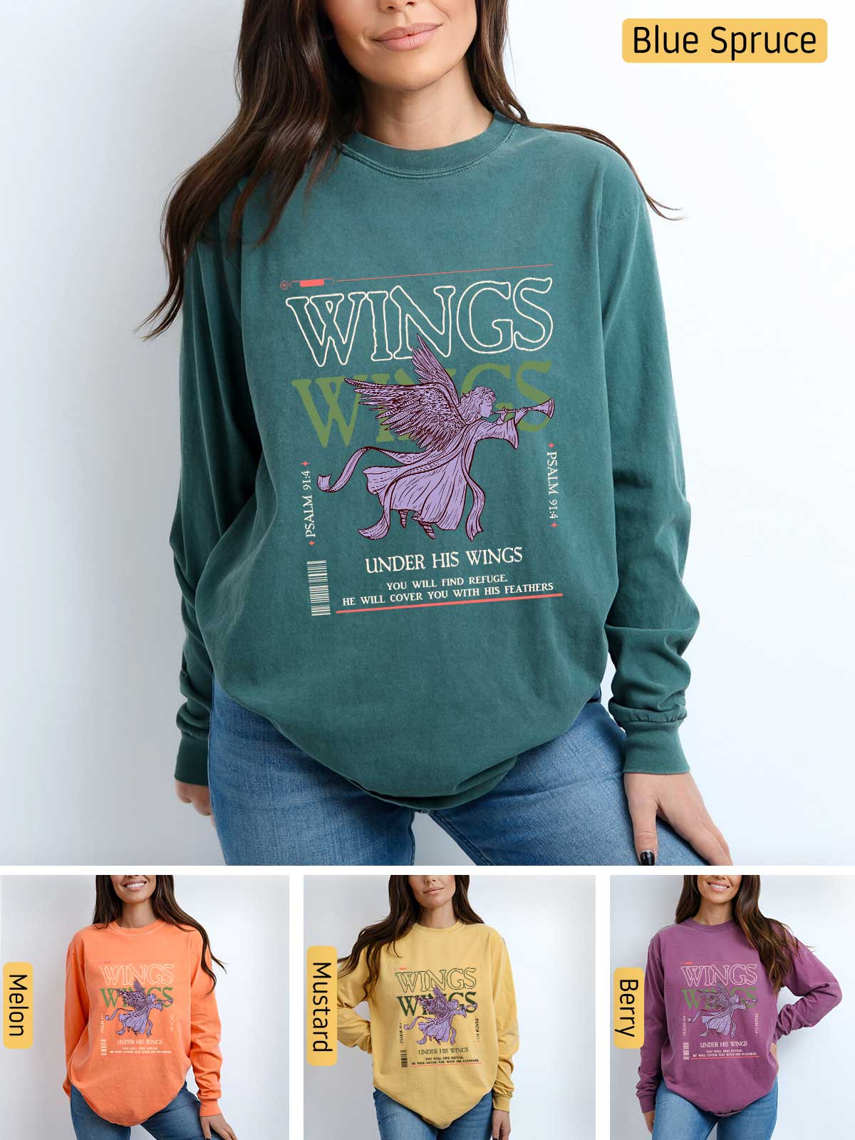 a woman wearing a sweatshirt with wings on it