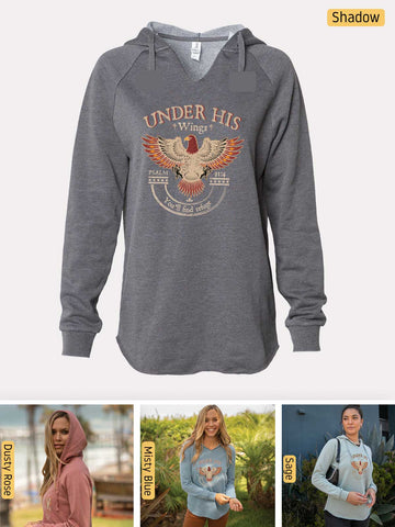 Under His Wings You will find Refuge - Psalm 91:4 - Lightweight, Cali Wave-washed Women's Hooded Sweatshirt