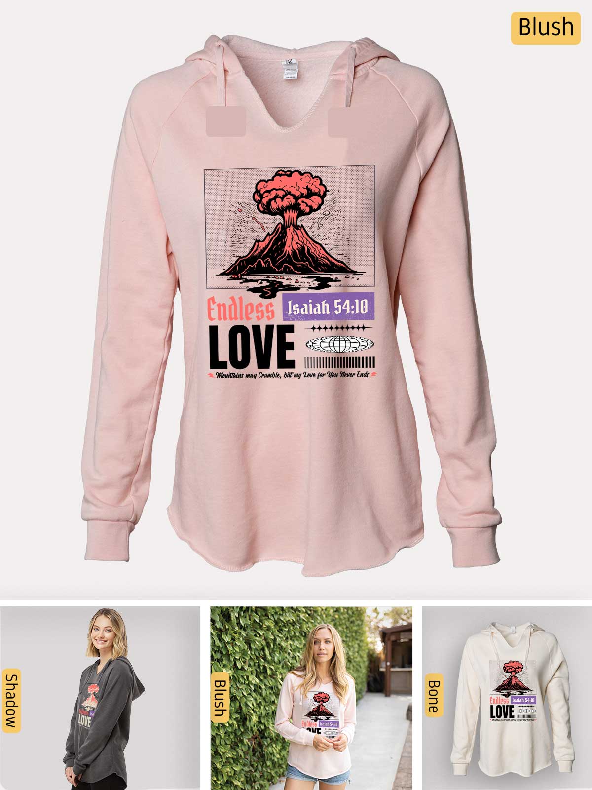 a pink shirt with a picture of a volcano on it
