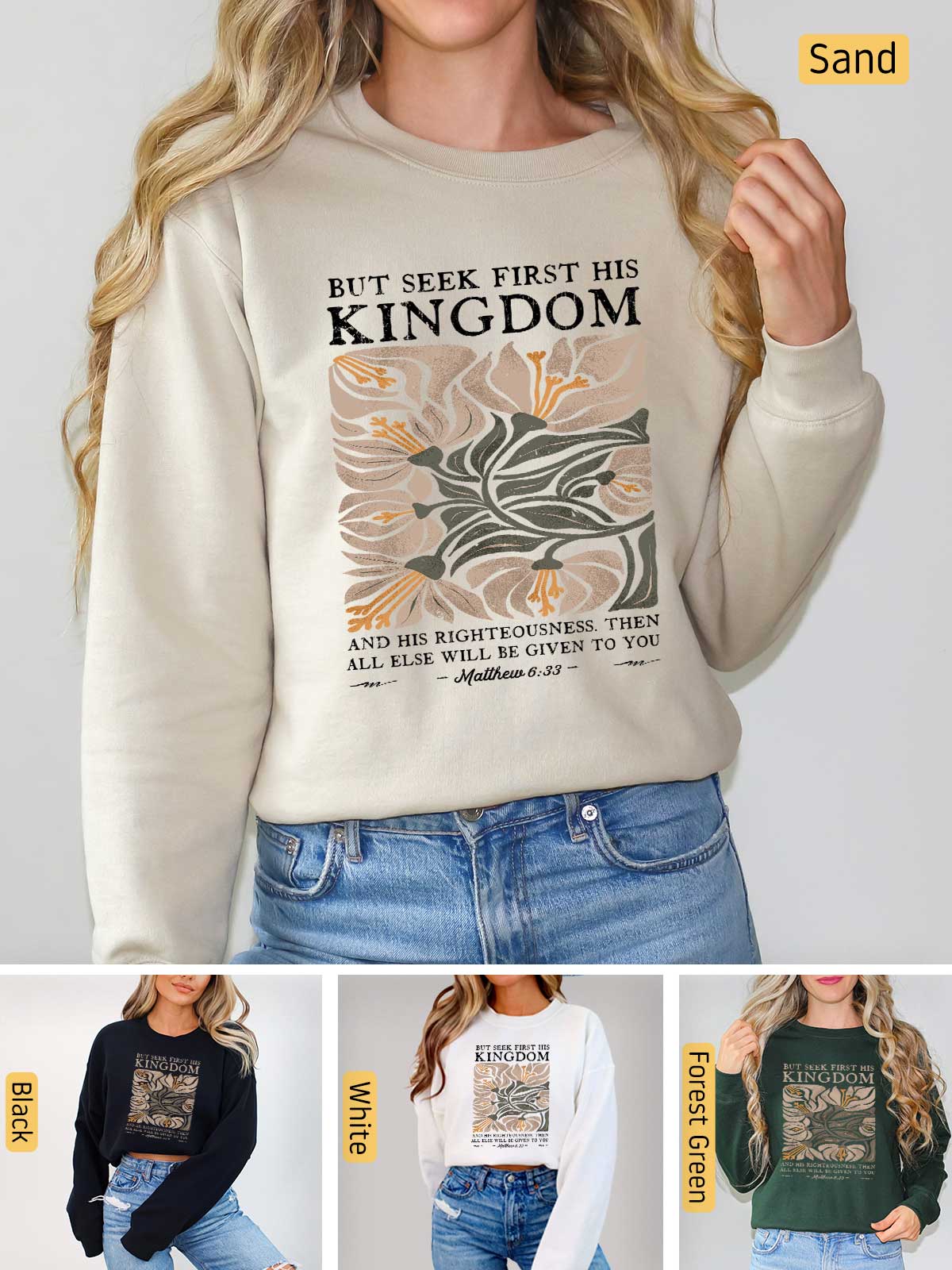 a woman wearing a sweatshirt that says but seek first she is kingdom