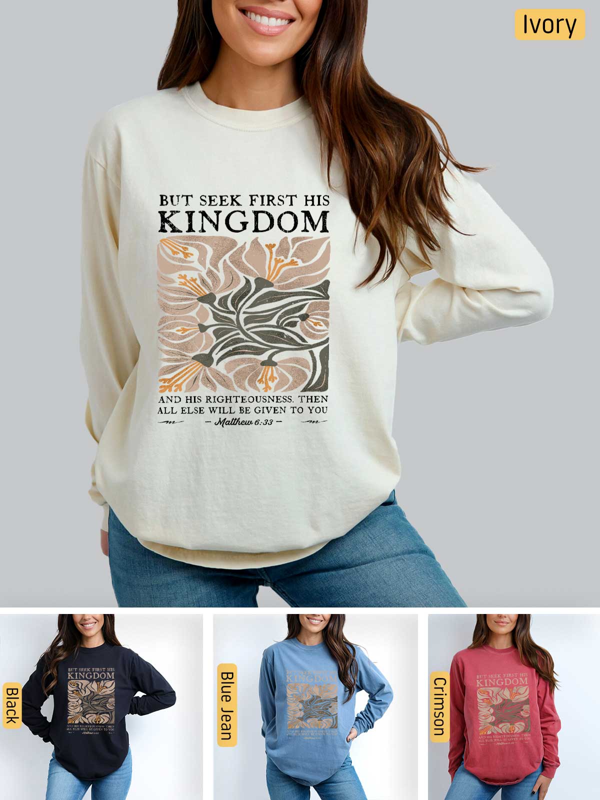 a woman wearing a sweatshirt with the words, but seek trust the kingdom on it