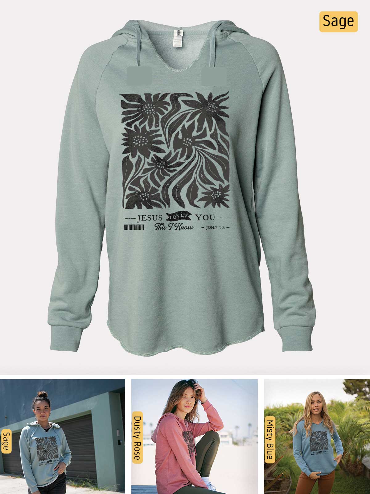 a women's sweatshirt with an image of a woman sitting on a bench