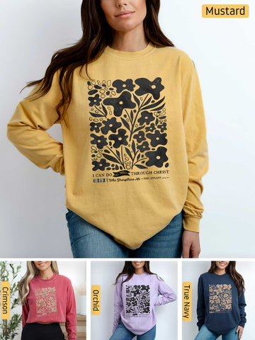 a woman wearing a sweatshirt with a tree on it