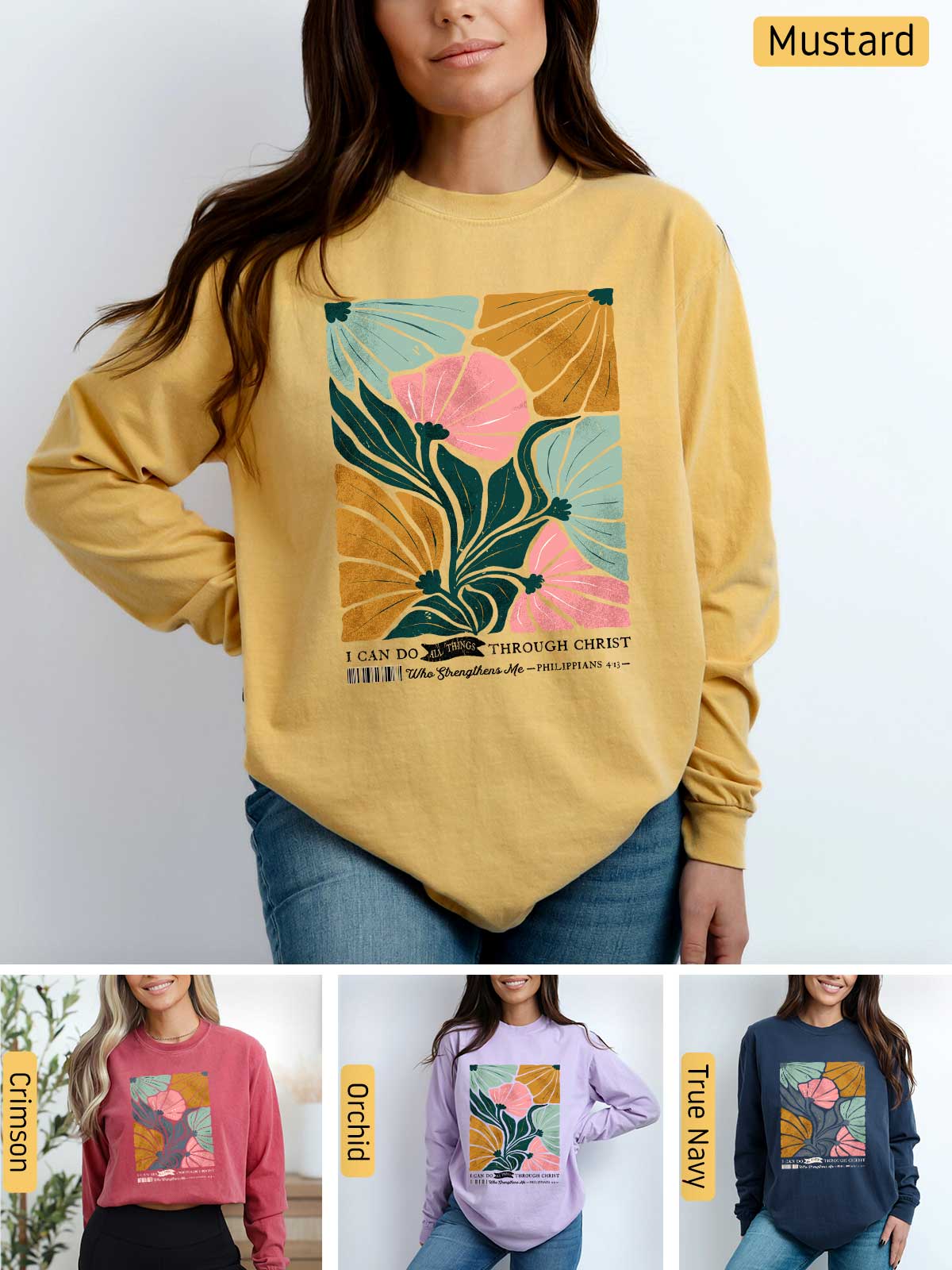 a woman wearing a mustard colored sweatshirt with a flower on it