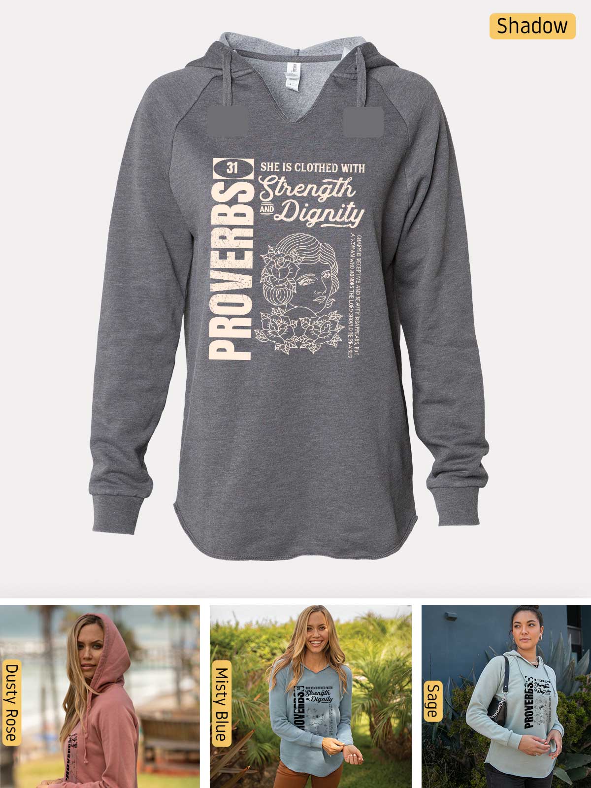 a women's sweatshirt with a picture of a woman wearing a hoodie