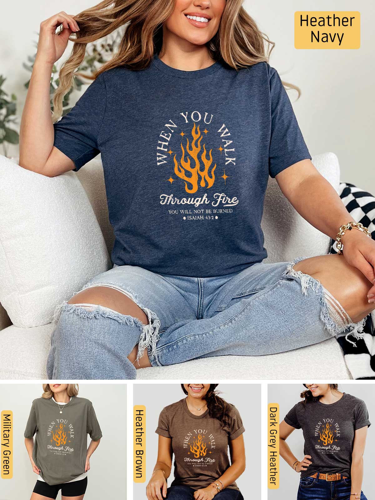 a woman sitting on a couch wearing a t - shirt