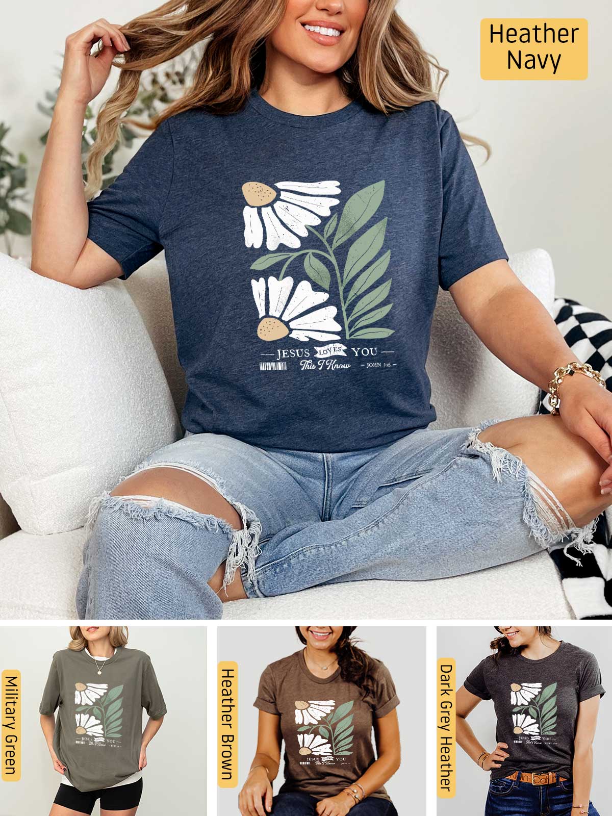 a woman sitting on top of a couch wearing a t - shirt