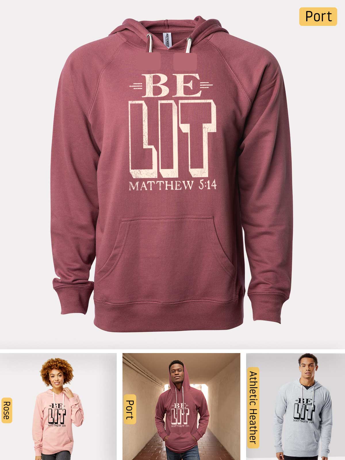 a man wearing a maroon hoodie with the words be lit on it