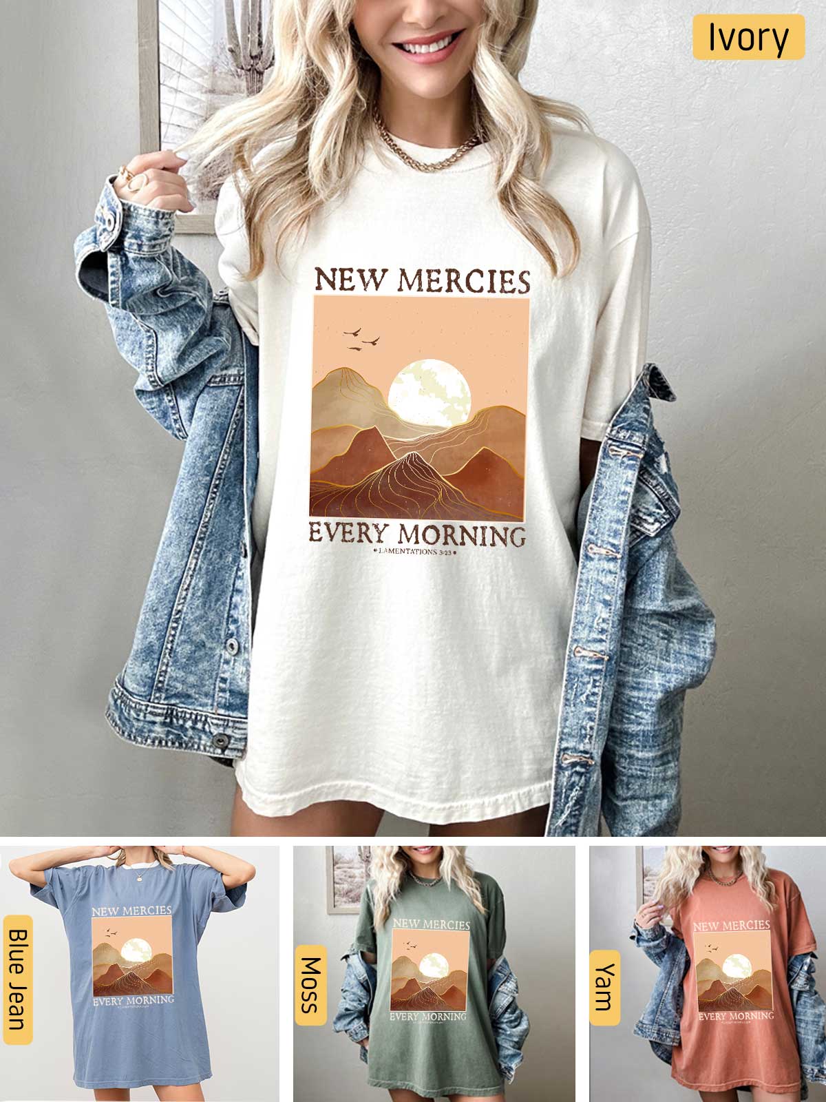 a woman wearing a new mercies every morning t - shirt