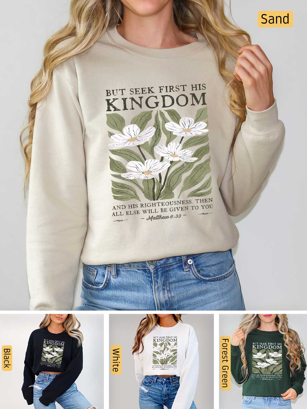 a woman wearing a sweatshirt with a flower on it