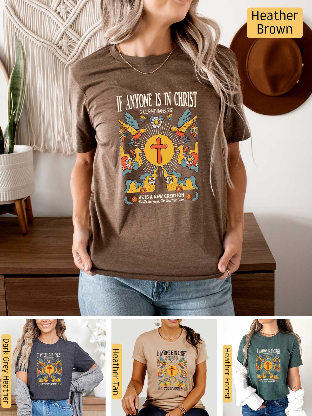 a woman wearing a brown t - shirt with the words if anyone is in christ