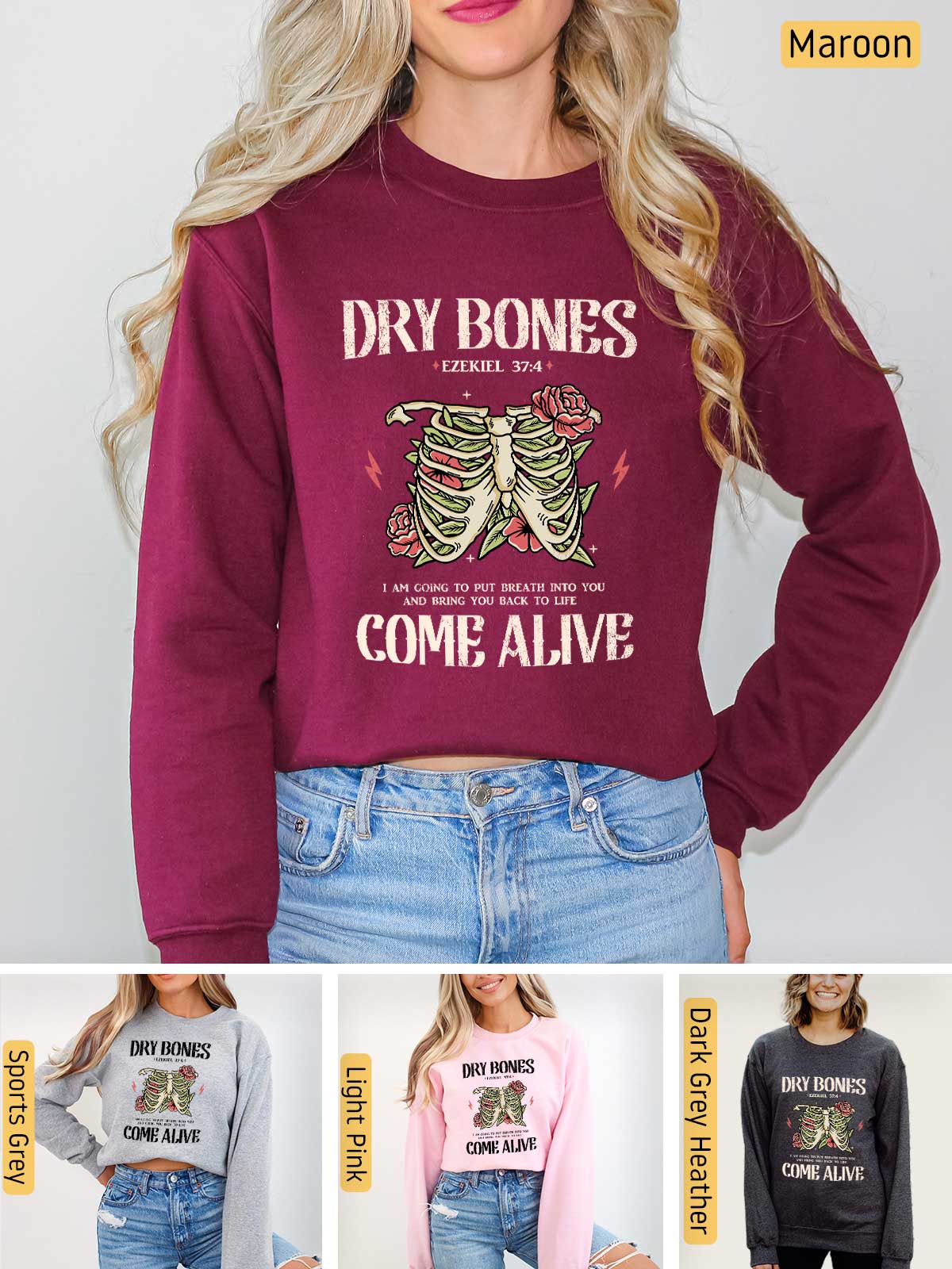 a woman wearing a sweater with a skeleton on it