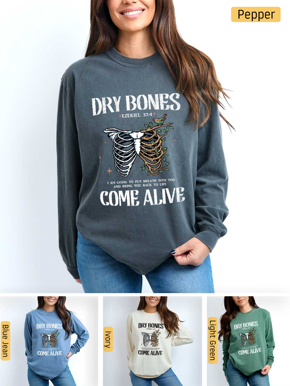 a woman wearing a sweater that says dry bones come alive