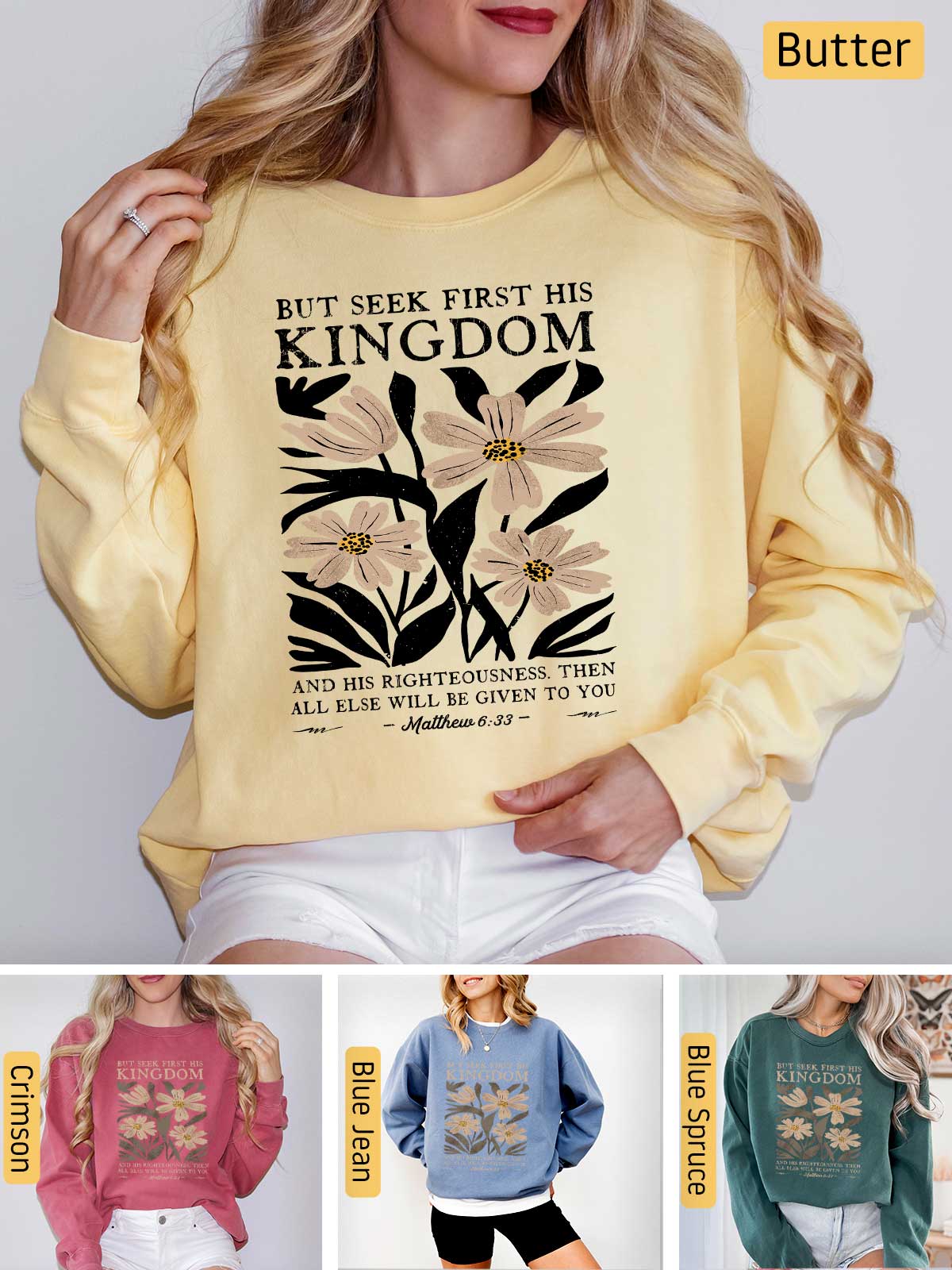 a woman wearing a sweatshirt that says, but seek first his kingdom