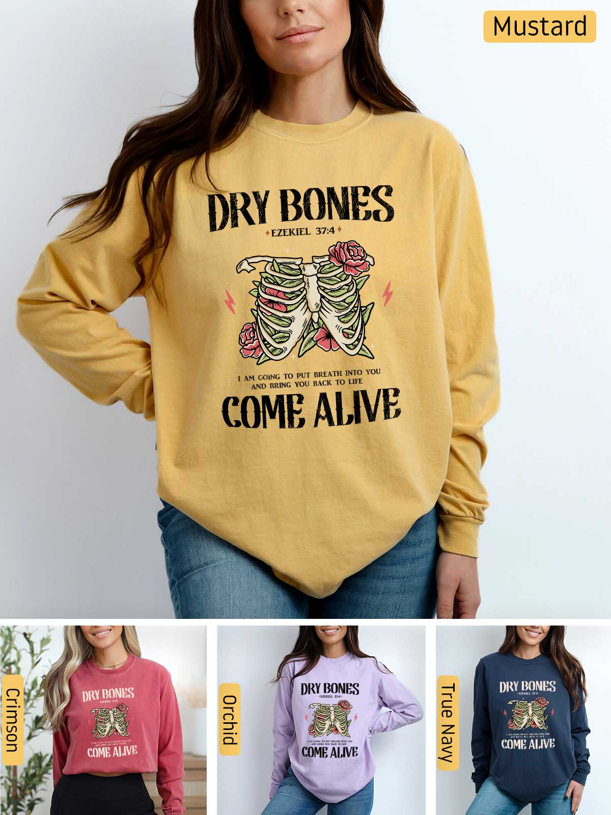 a woman wearing a sweatshirt that says dry bones come alive