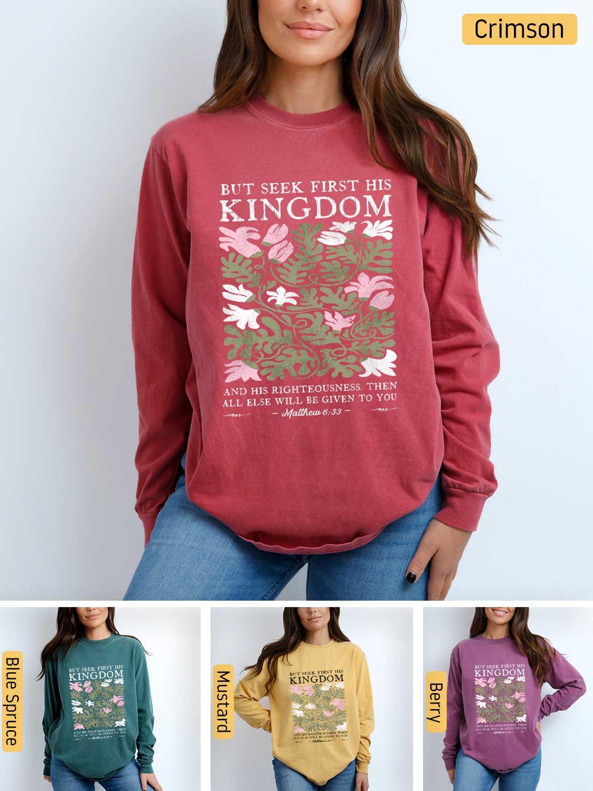 a woman wearing a red sweatshirt with the words, but seek first, the kingdom