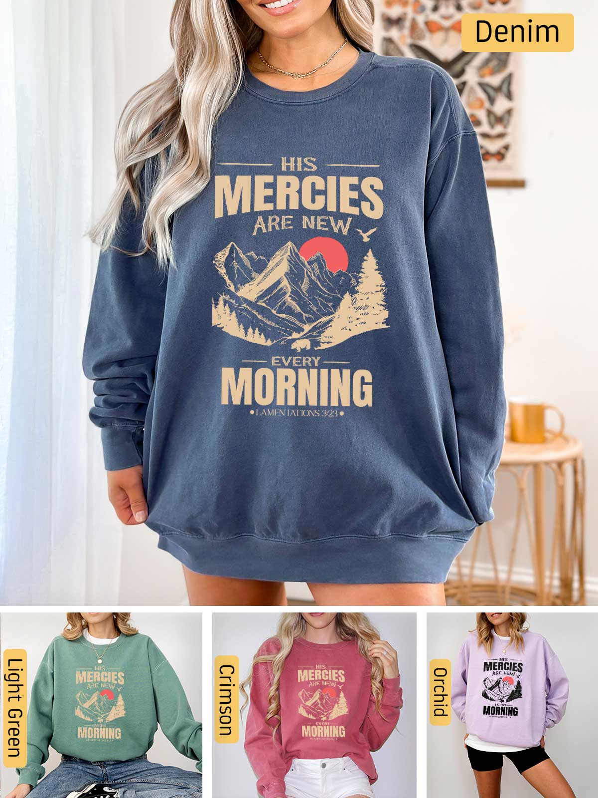 a woman wearing a sweatshirt with the words, her mercies are new, and