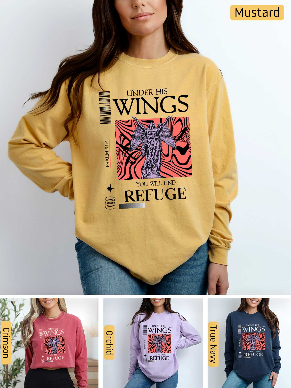 a woman wearing a sweatshirt with wings on it