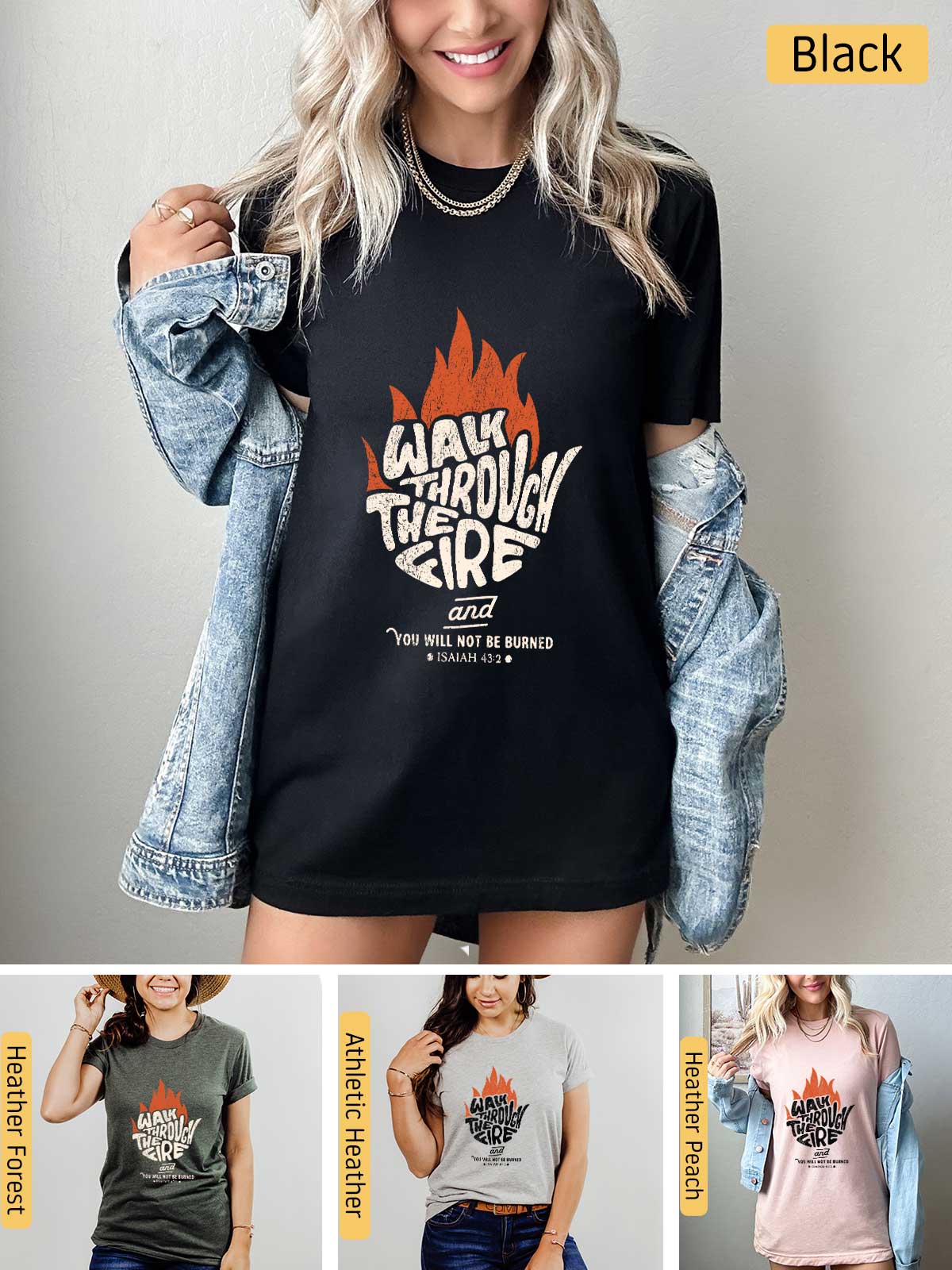 a woman wearing a black t - shirt with a fire graphic on it
