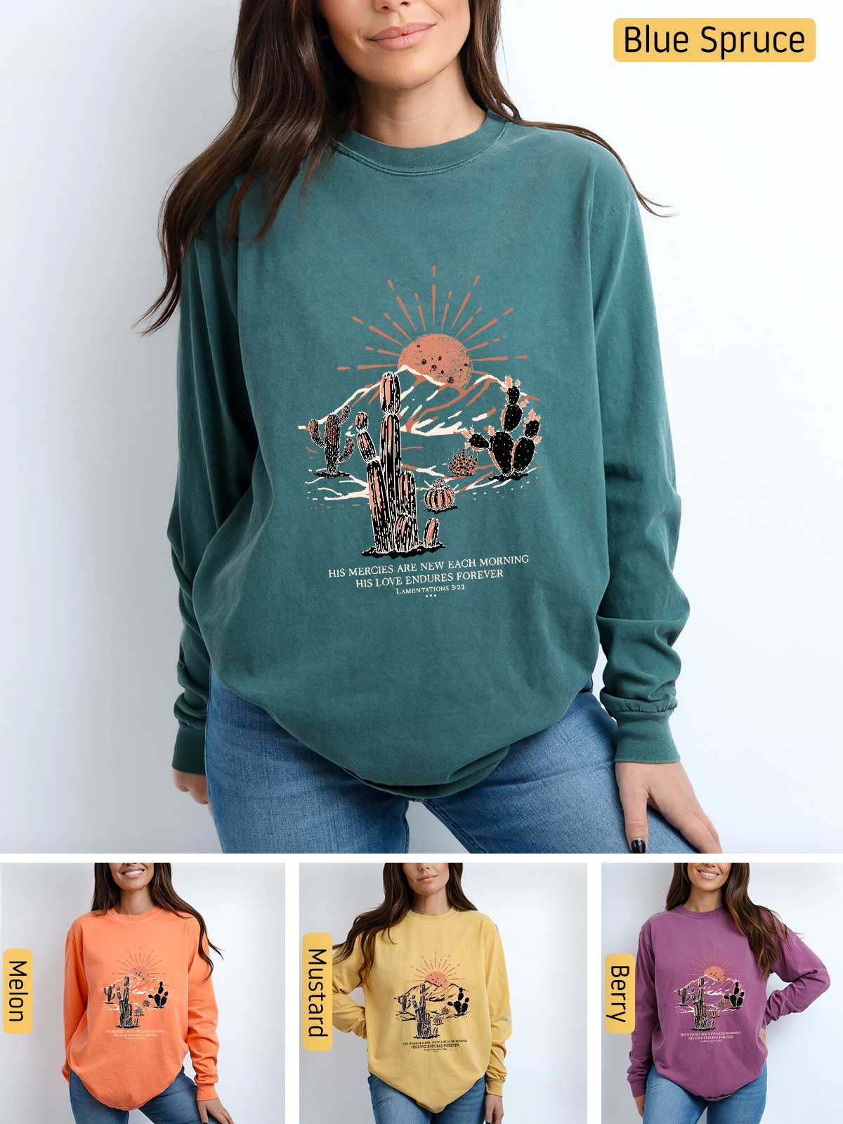a woman wearing a sweatshirt with a cactus on it