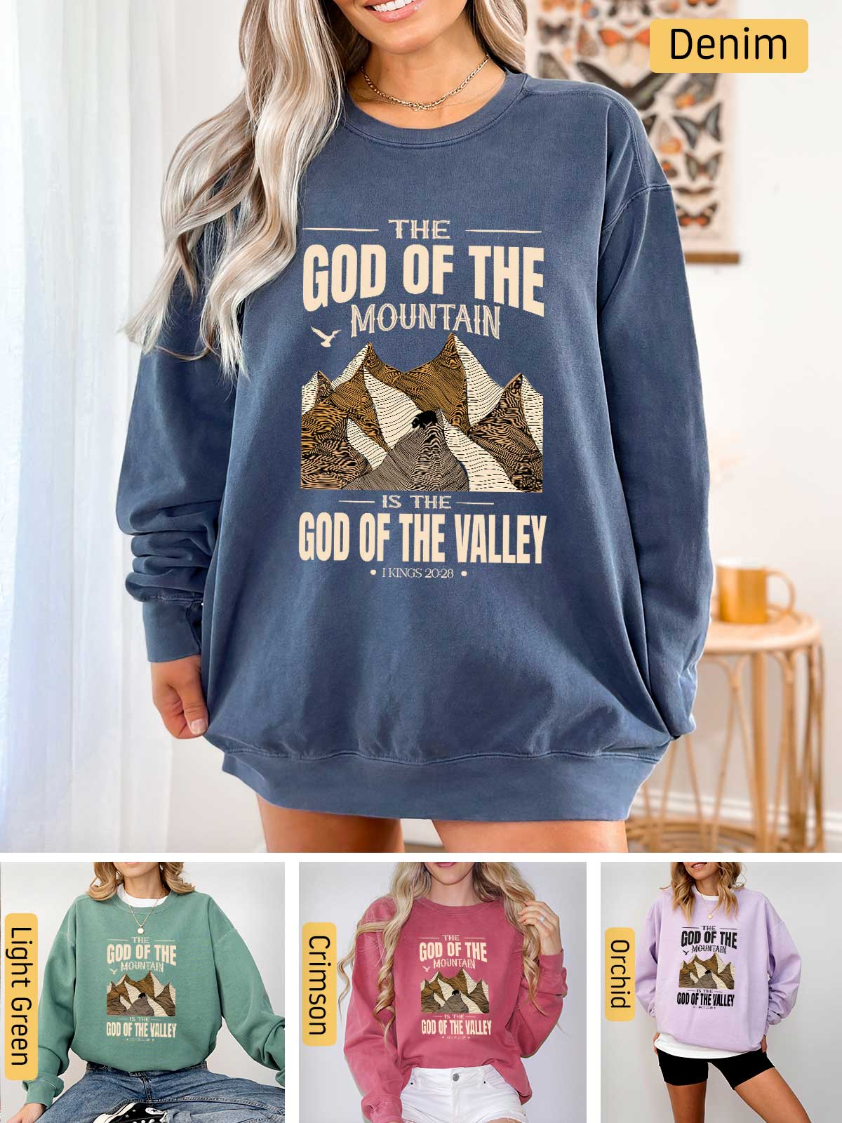 a woman wearing a sweatshirt that says the god of the mountain is the god of