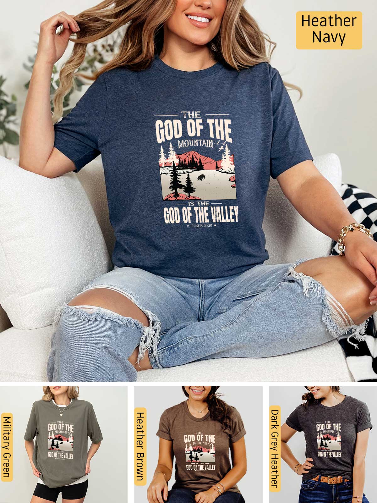 a woman sitting on a couch wearing a shirt that says god of the valley
