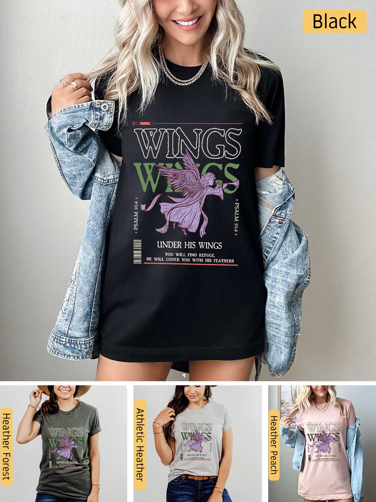 a woman wearing a t - shirt with wings on it