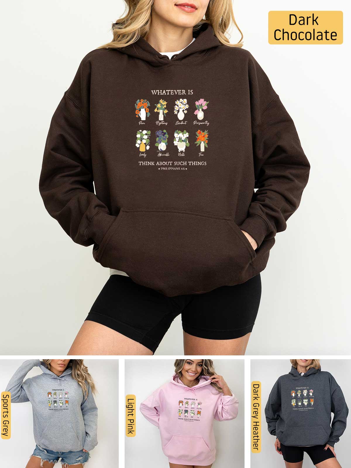 a woman wearing a brown hoodie with four different images of her