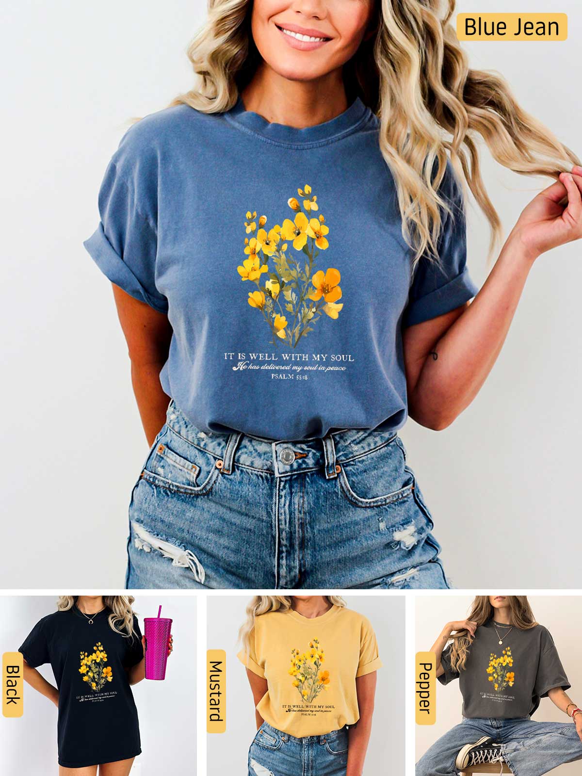 a woman wearing a blue jean shirt with yellow flowers on it