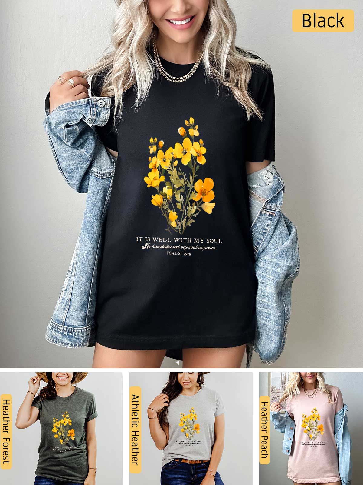 a woman wearing a black shirt with yellow flowers on it