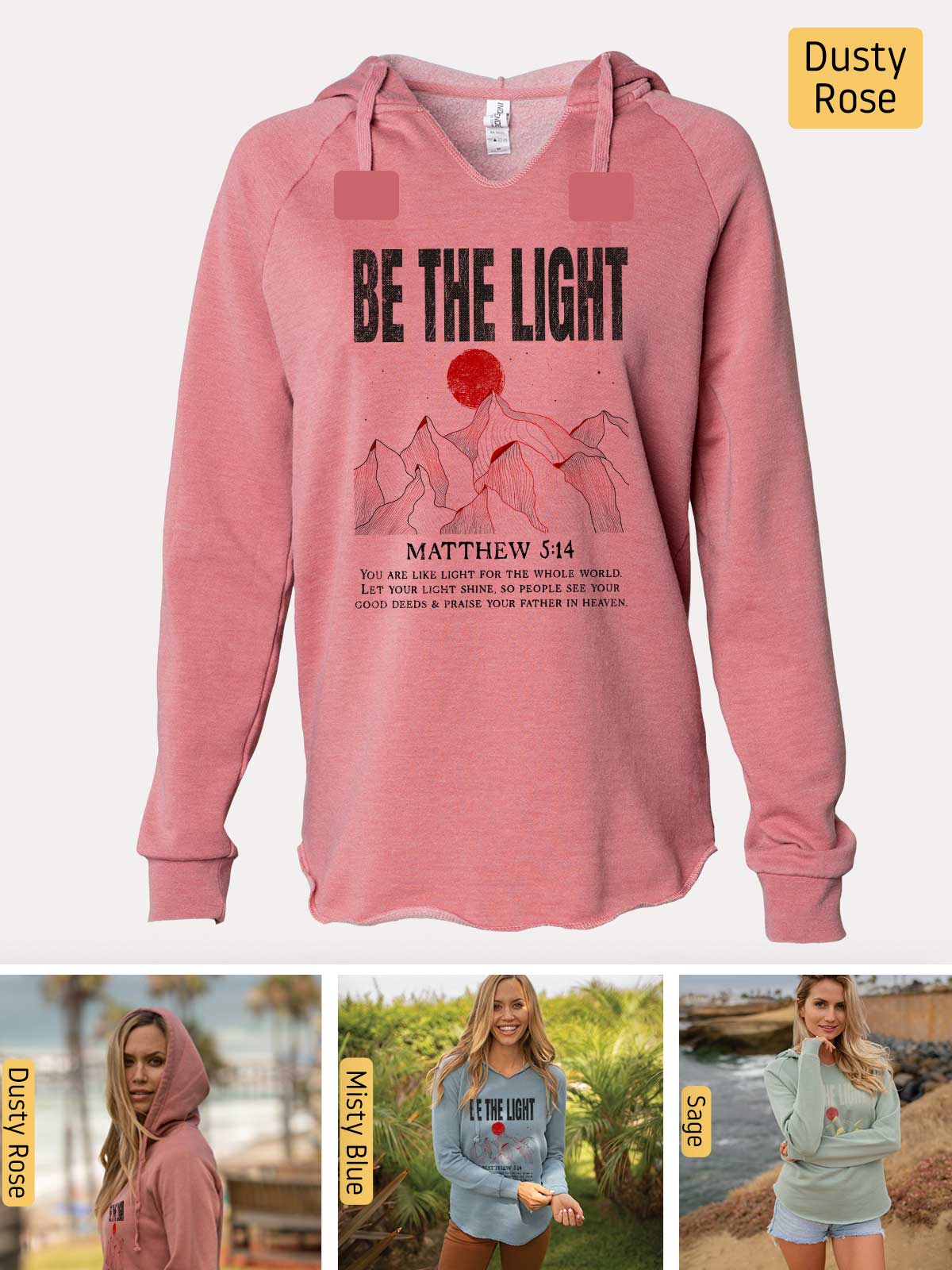 a pink hoodie with the words be the light on it