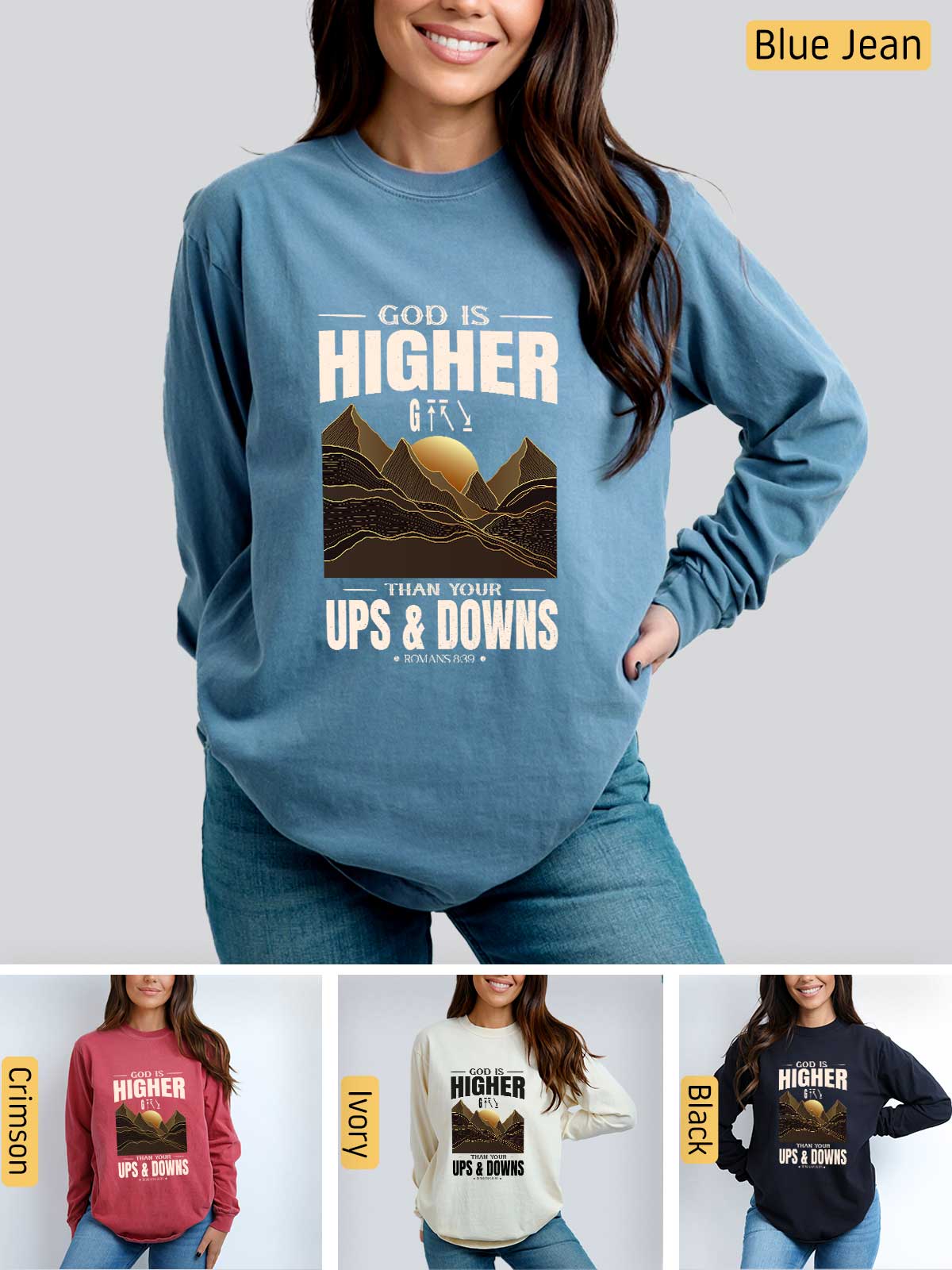 a woman wearing a sweatshirt that says, go higher by ups and downs