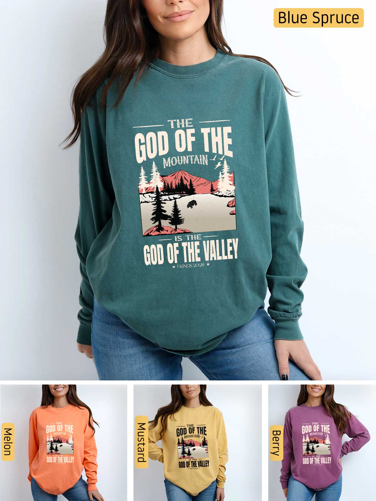 a woman wearing a sweatshirt that says, the god of the mountain god of the