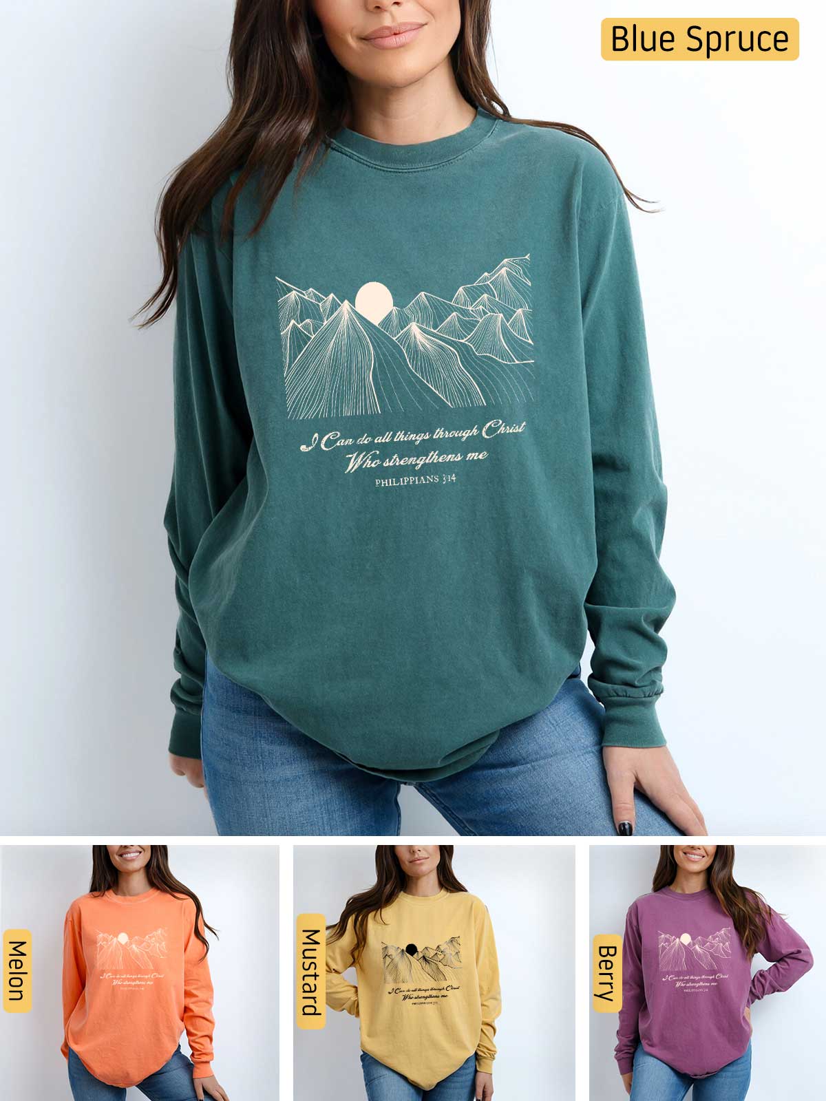 a woman wearing a sweatshirt with a mountain scene on it