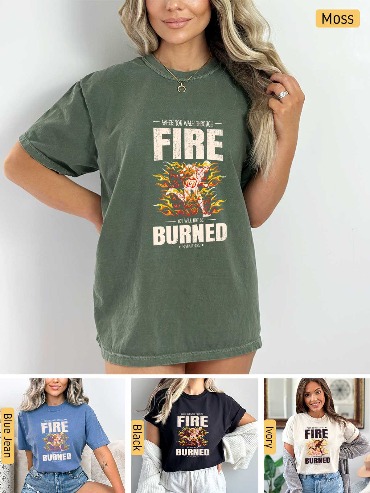 a woman wearing a t - shirt that says fire burned