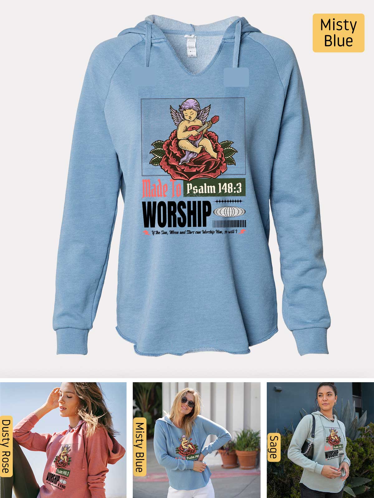 a blue hoodie with a picture of a woman wearing a blue shirt